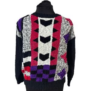 Vintage 80s‎ Sweater Debra Martin Abstract Geometric Black Pink Purple Graphic M